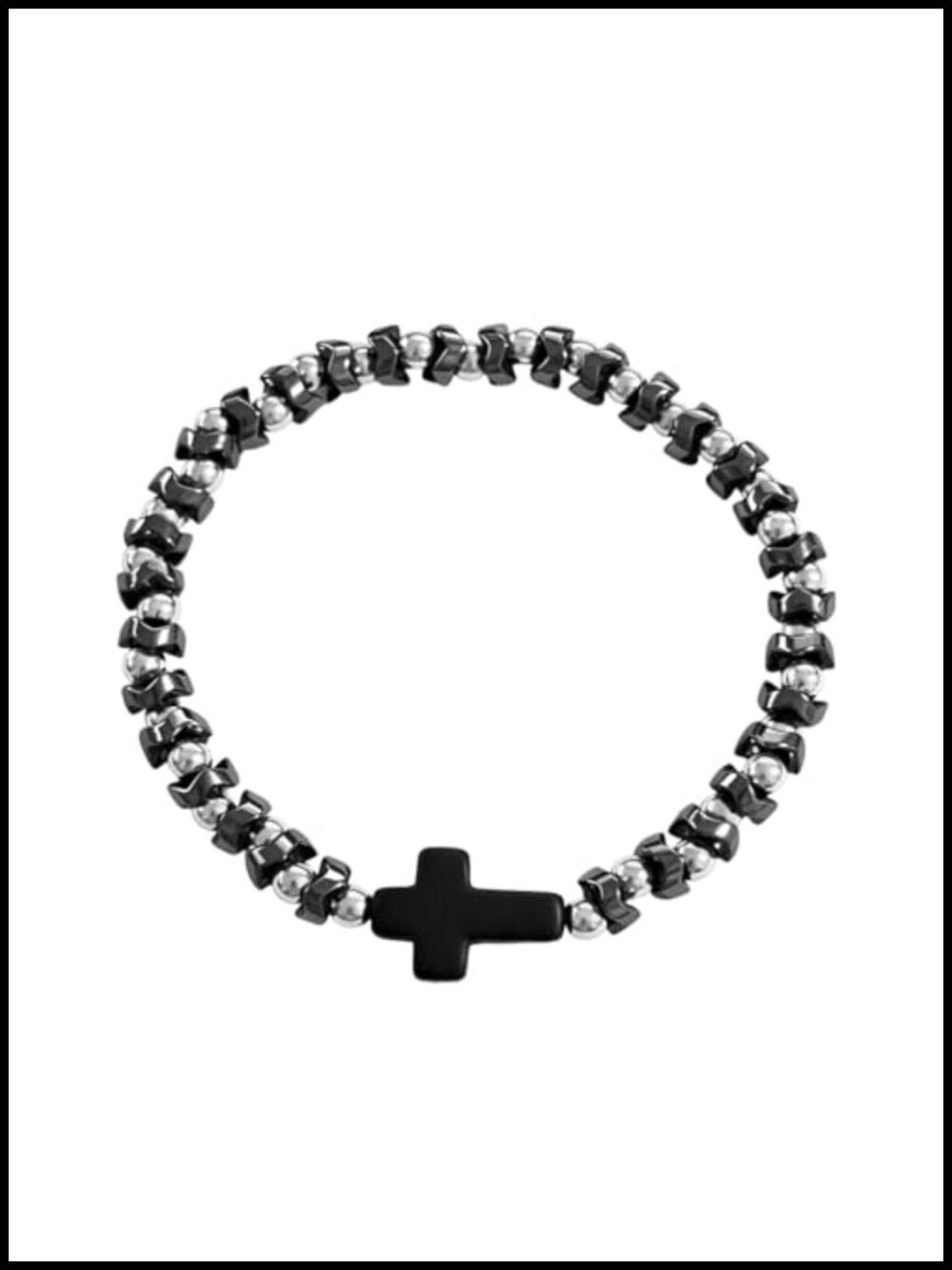 Black Cross Hematite Gold Beaded Bracelet - Unisex Stretch Christian Jewelry